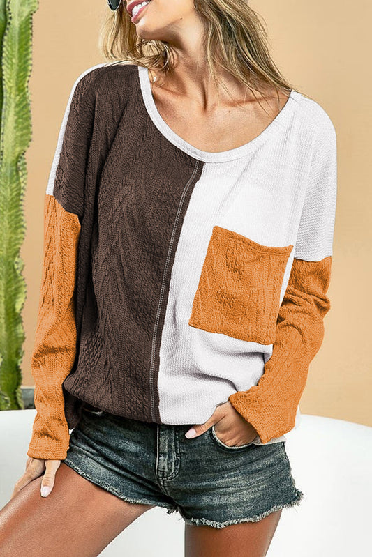 Brown Color Block Textured Chest Pocket Long Sleeve Top