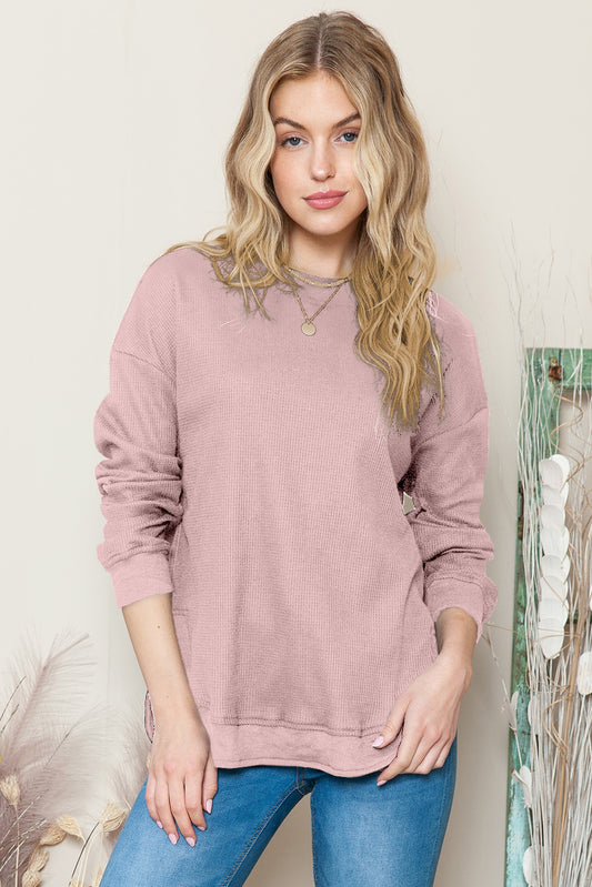 Pink Waffle Knit Crew Neck Casual Long Sleeve Top