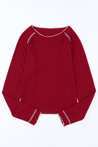 Red Exposed Seam Textured Pullover Long Sleeve Top