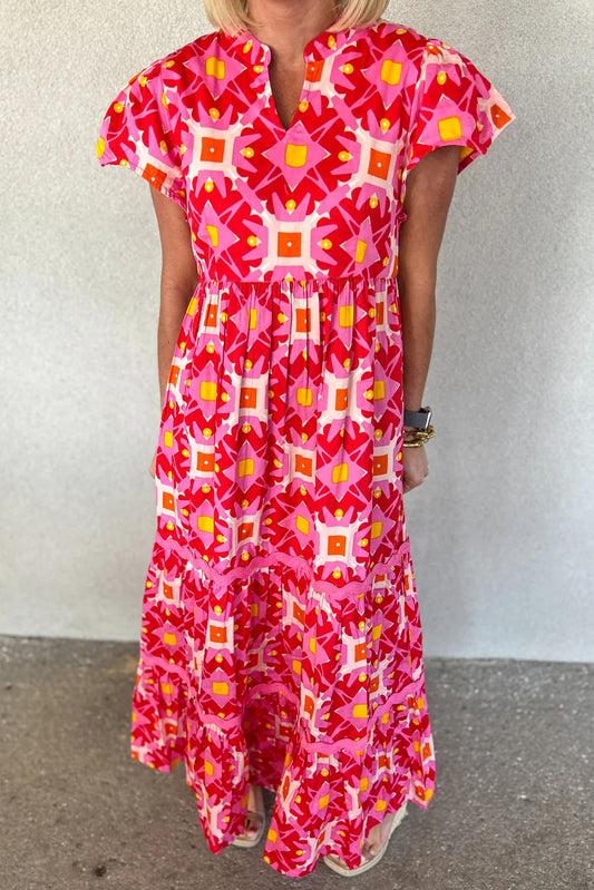 Strawberry Pink Abstract Print Pleated Flounce Sleeve Maxi Dress