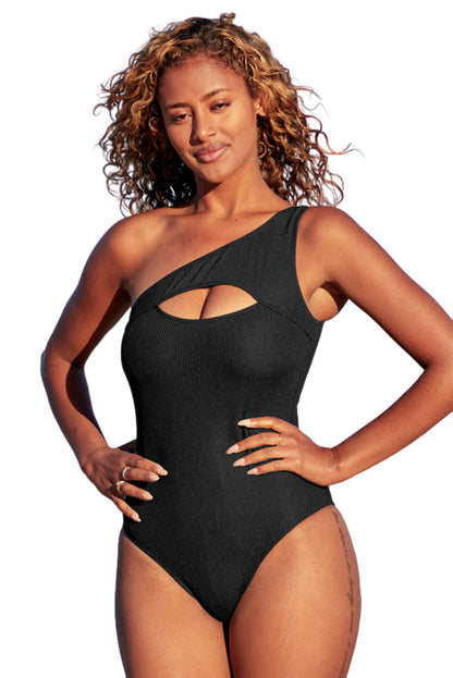 Black Ribbed Hollowed Asymmetric One Piece Swimsuit