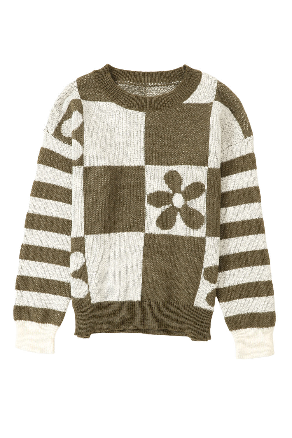 Brown Checkered and Striped Knitted Pullover Sweater