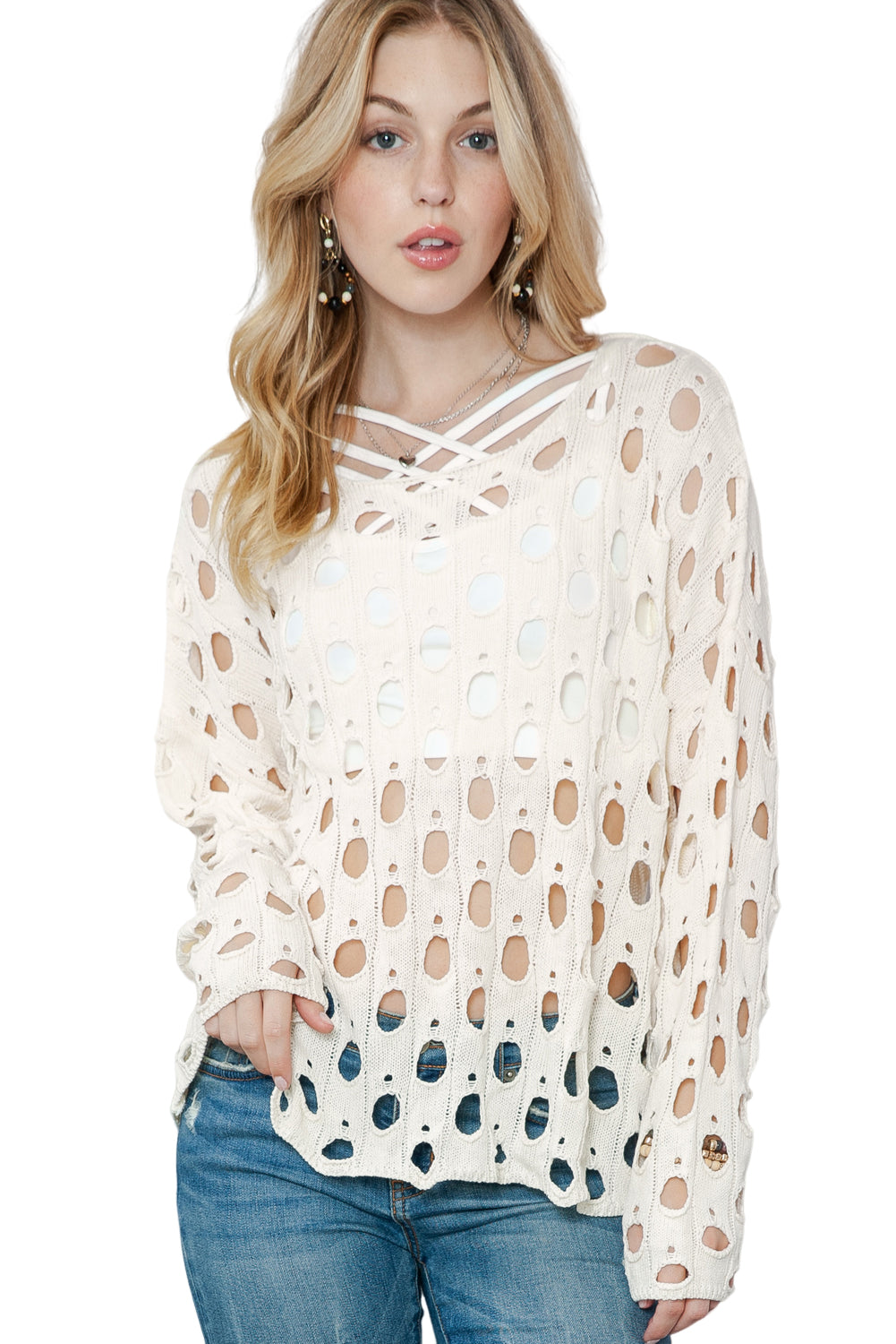 Beige Hollow Out Distressed Pullover Sweater