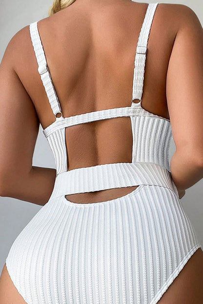 White Texture Cutout One Piece Swimsuit with Belt