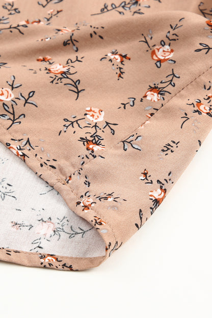 Khaki Floral Print Casual Smocked Ruffle Sleeveless Shirt