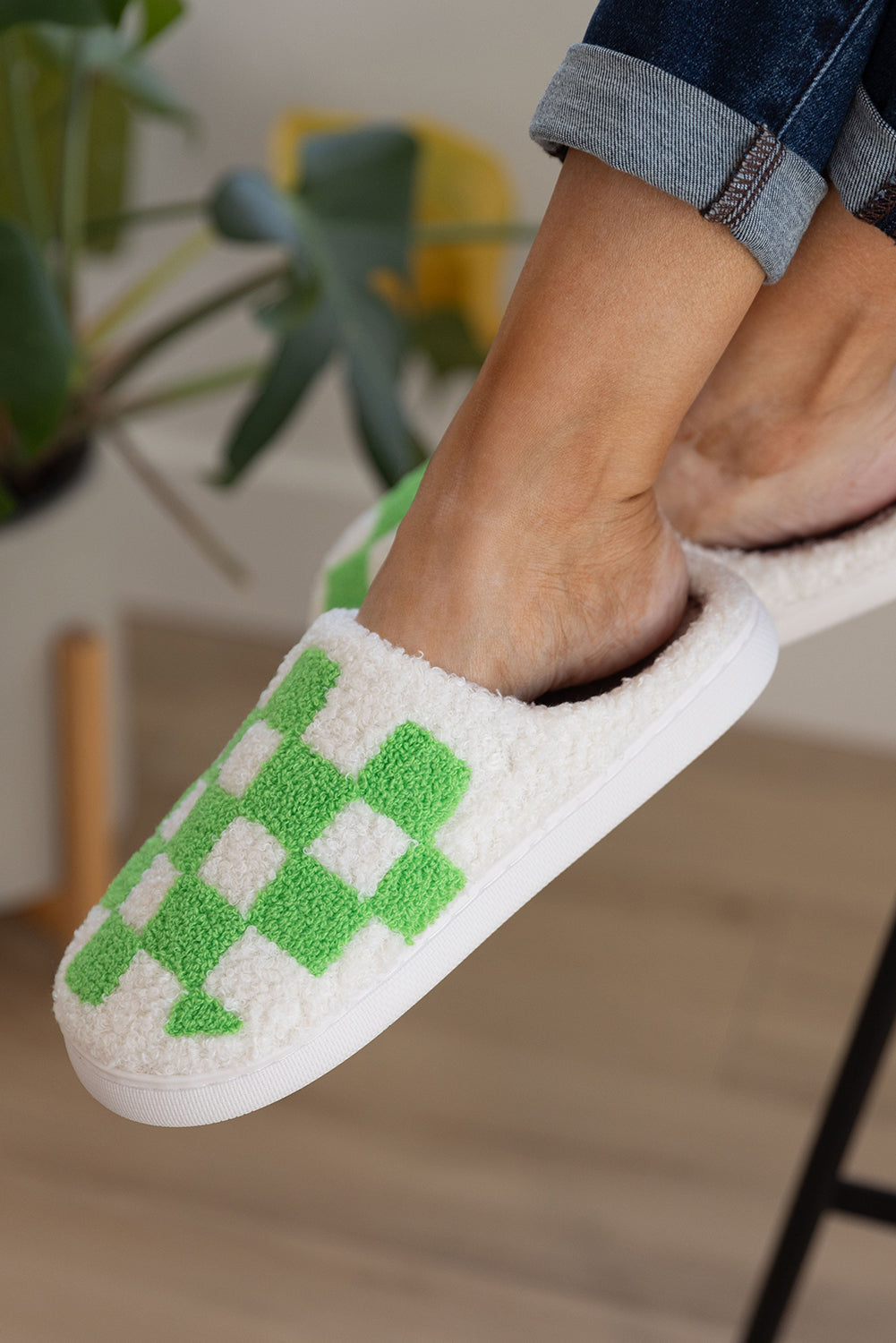 Grass Green Checkered Print Fuzzy Slip On Winter Slippers