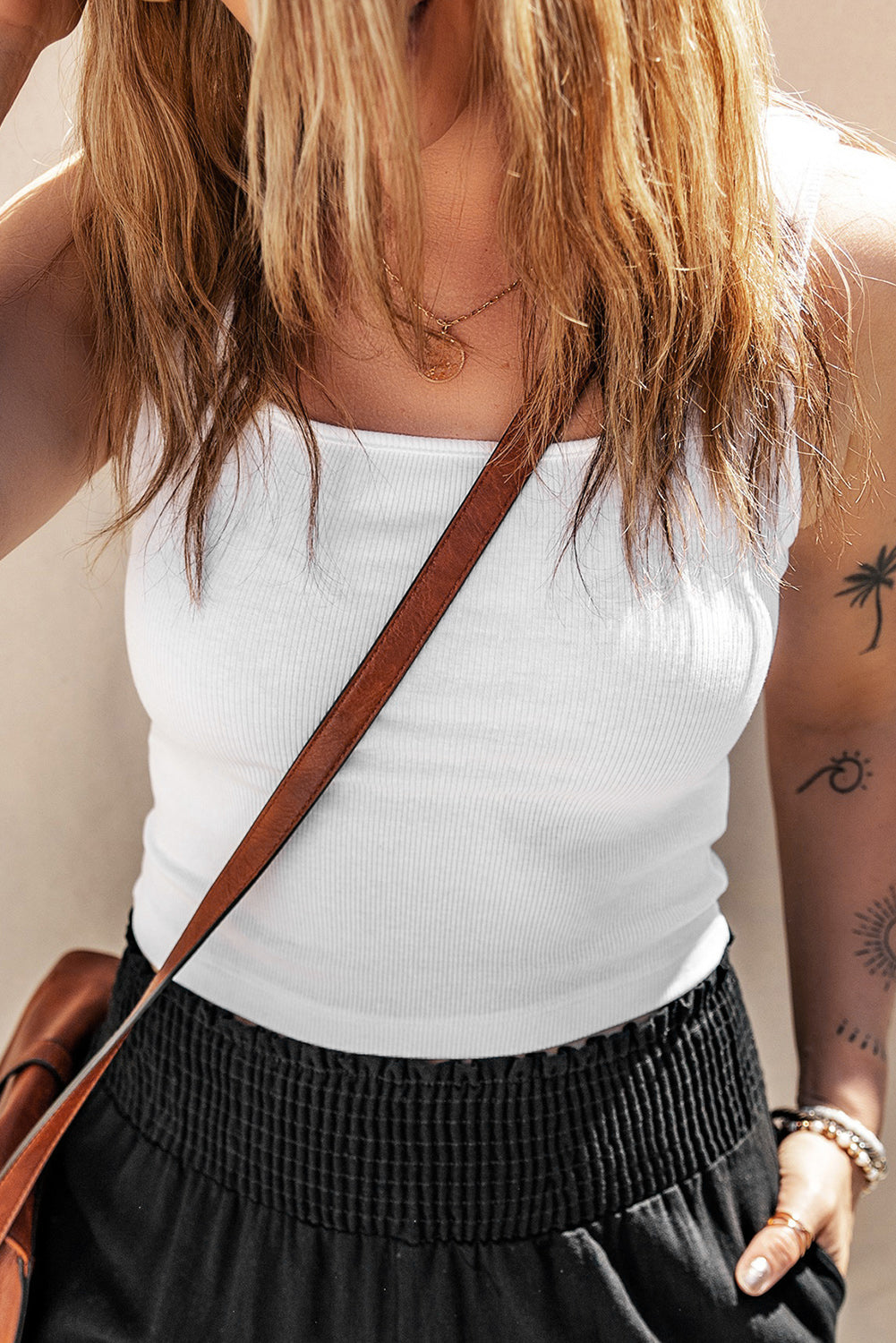 White Square Neck Slim Fit Cropped Ribbed Tank Top