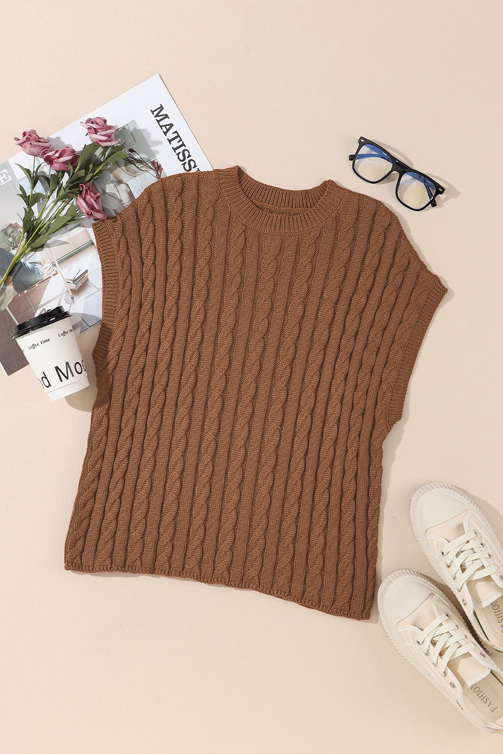Gray Solid Cable Knit Short Sleeve Roun Neck Sweater