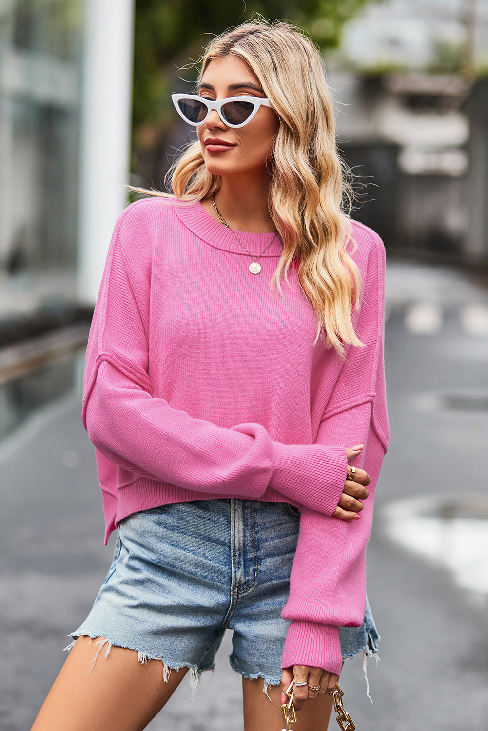 Hot Pink Exposed Seam Oversized Cropped Sweater