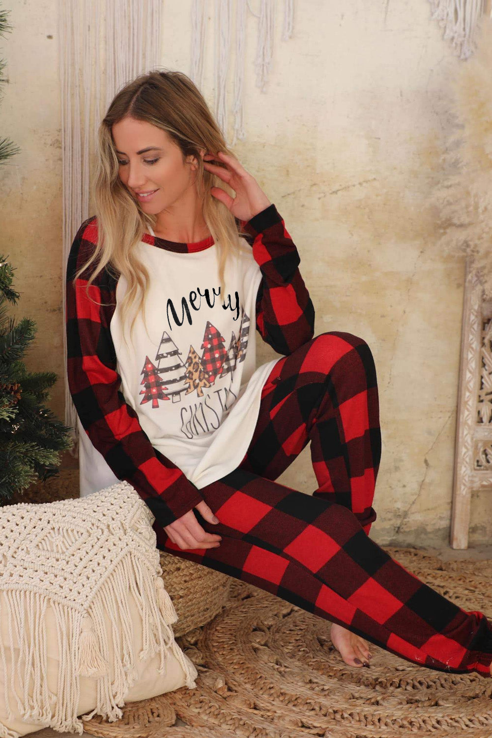 Red Plaid Merry Christmas Casual Top Pants Loungewear Set