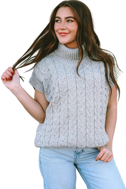 Light Beige Turtleneck Short Batwing Sleeve Cable Knit Sweater