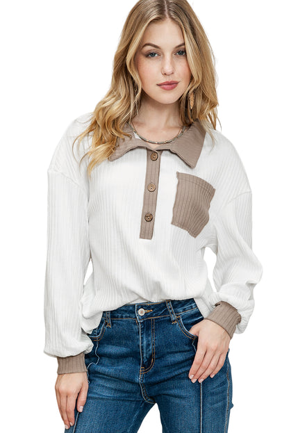 White Ribbed Color Block Long Sleeve Henley Shirt