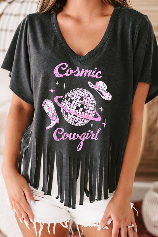 Black Cosmic Cowgirl Disco Ball Graphic Tasseled V Neck T Shirt