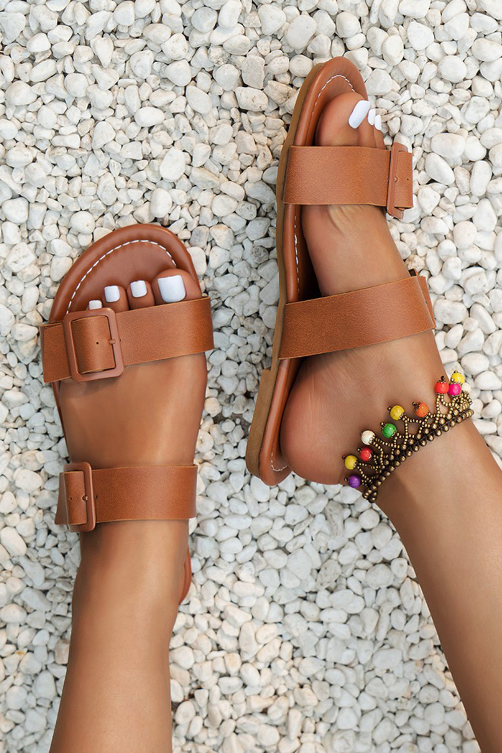 Brown Double Buckled Straps Slip On Flat Slippers