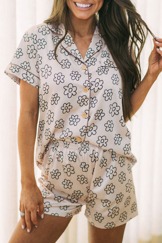 Beige Floral Print Shirt and Shorts Pajama Set
