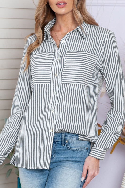 Blue Striped Chic Pockets Roll Up Sleeve Buttons Front Shirt