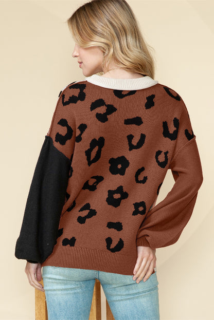 Coffee Leopard Print Patchwork Pullover Sweater