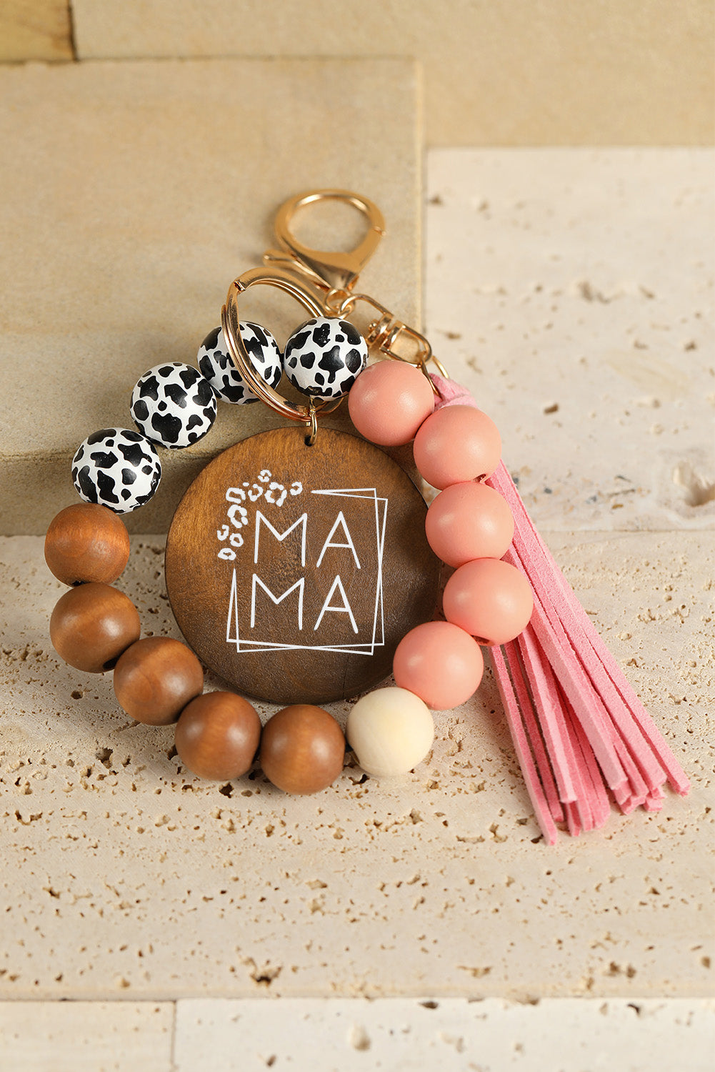 Pink Mama Leopard Wood Beads Fringe Bracelet Keychain