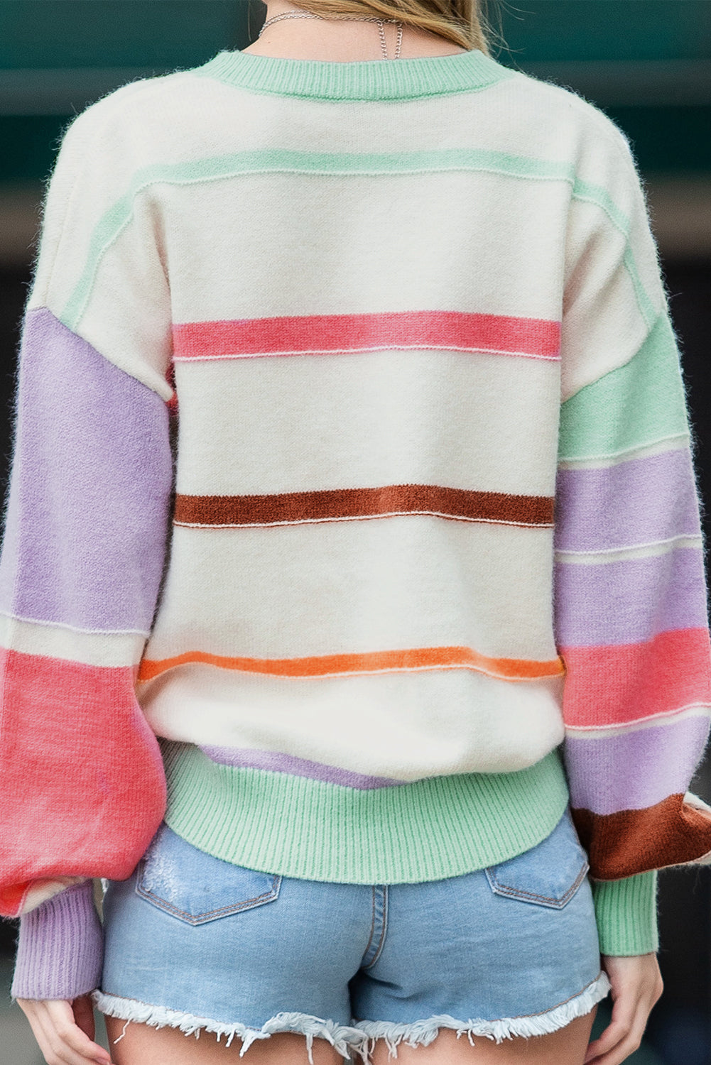 Multicolor Striped Drop Shoulder Crew Neck Sweater