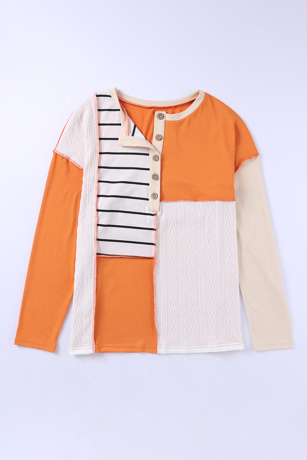 Orange Color Block Casual Long Sleeve Henley Shirt