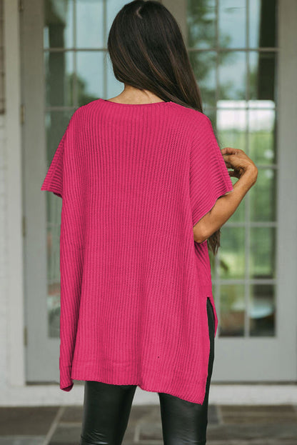 Rose Red Side Slit Short Sleeve Oversized Sweater