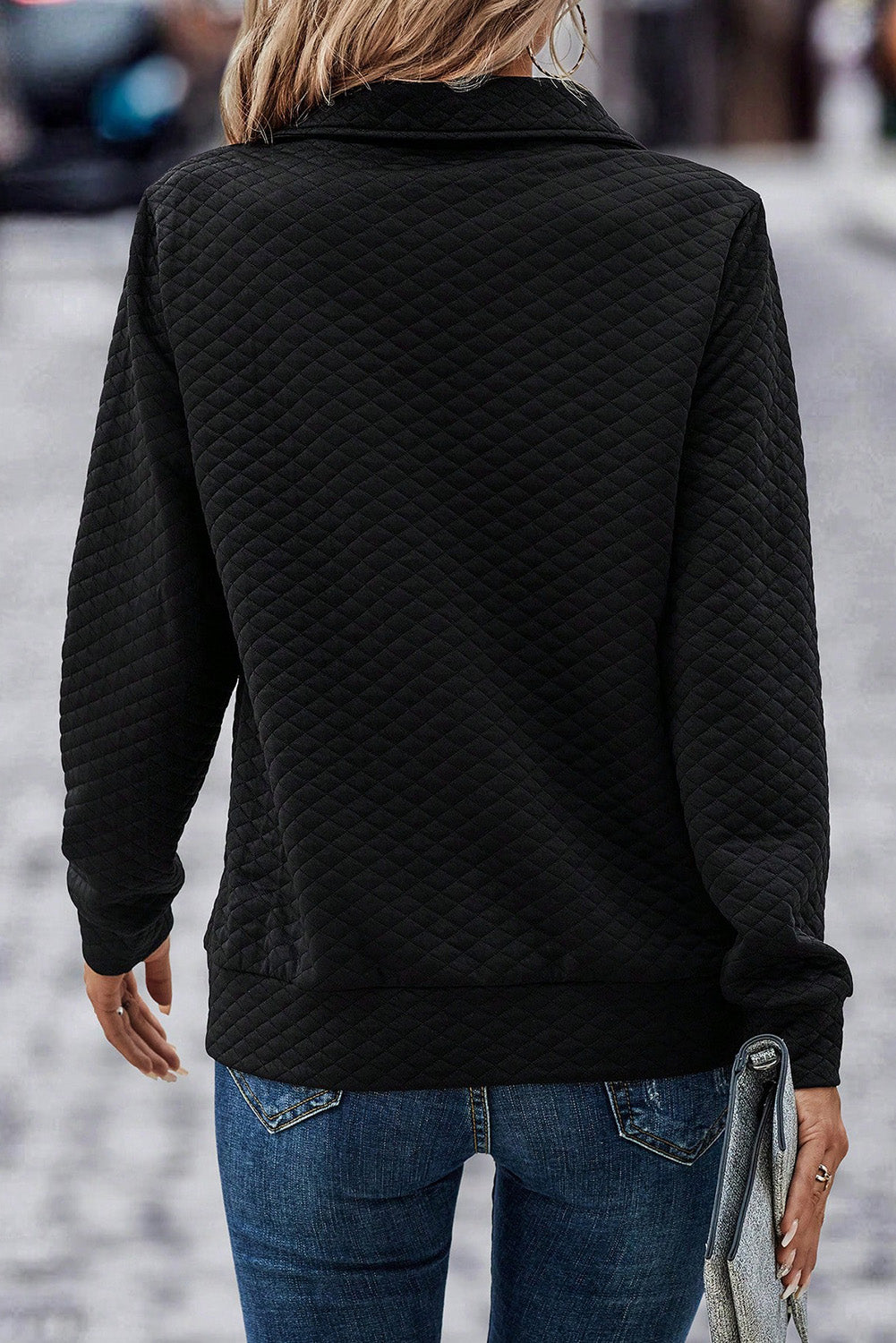 Black Solid Color Half Zipper Pullover Sweatshirt