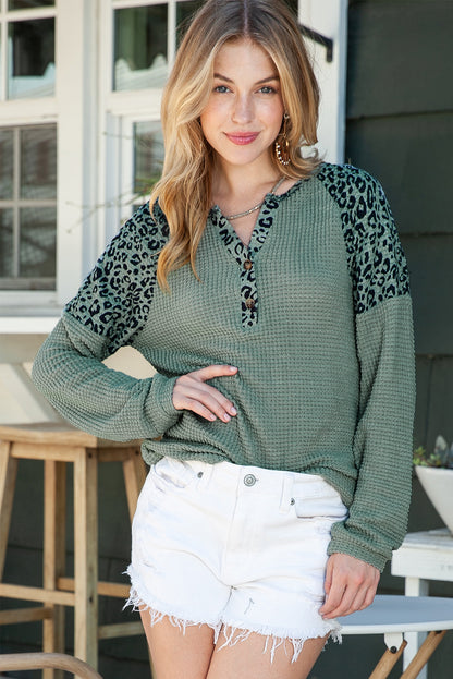 Green Leopard Print Waffle Knit Long Sleeve Henley Shirt