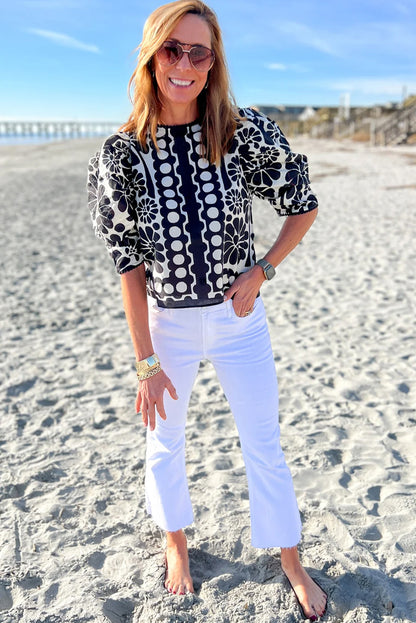 Black Floral Print Button-up Puff Sleeve Blouse