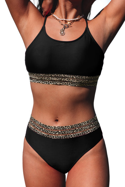Black Leopard Print Wireless Swimsuit Set