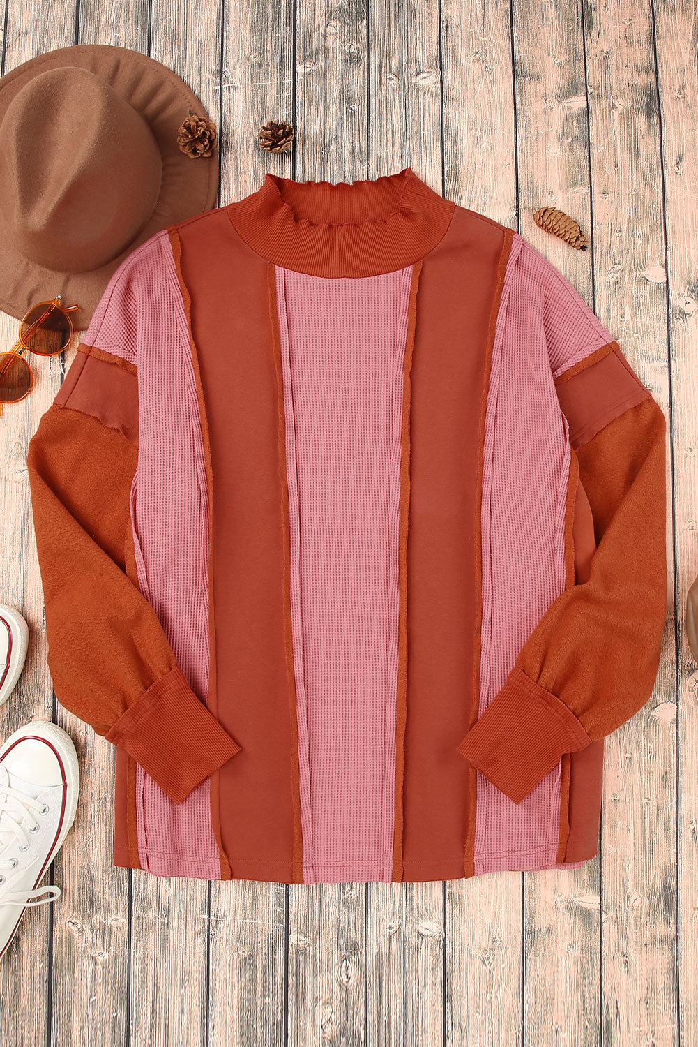 Red Waffle Knit Patchwork Thumbholes Long Sleeve Top