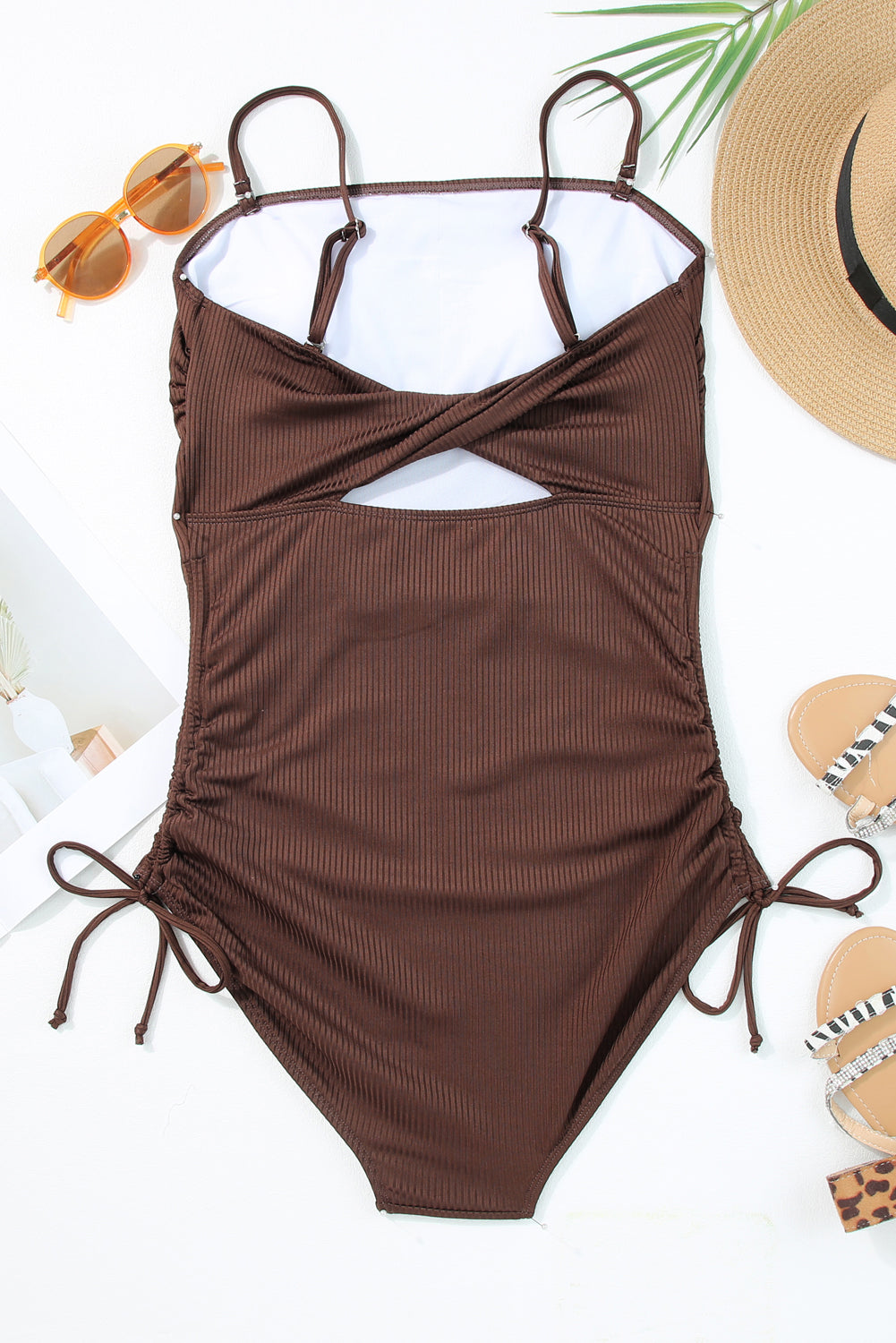 Coffee Ribbed Drawstring Cutout One-Piece Swimsuit