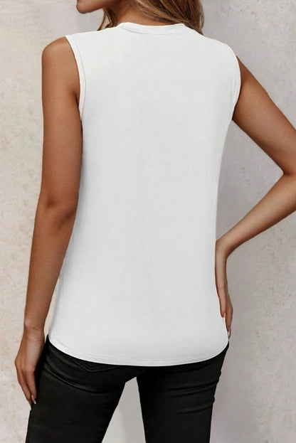 White Solid Color Crew Neck Pleated Tank Top
