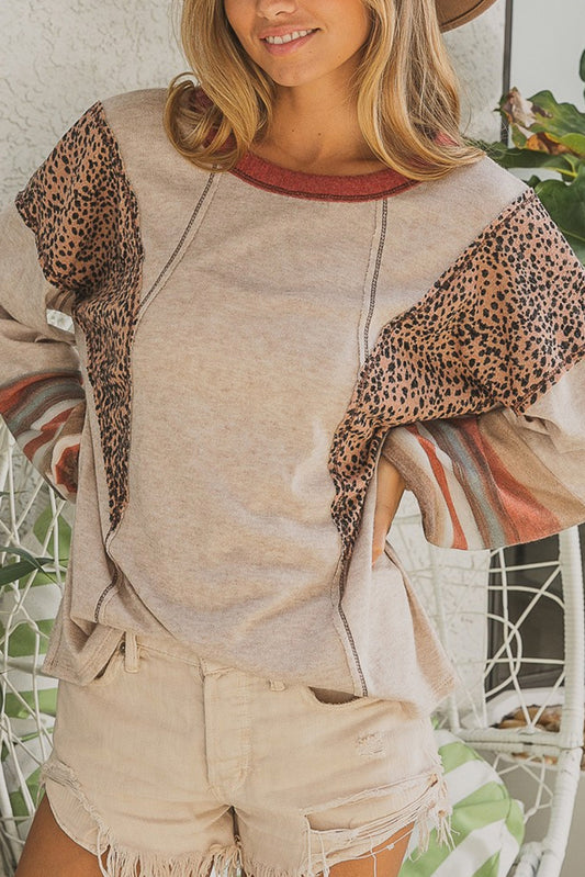 Khaki Leopard Contrast Exposed Seam Long Sleeve Top