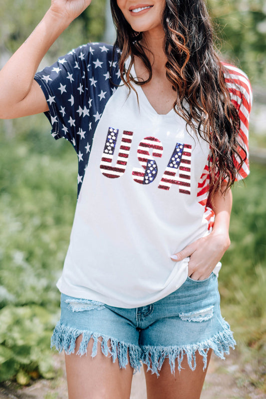 White USA Flag Sequin Patchwork Color Bock Graphic T Shirt