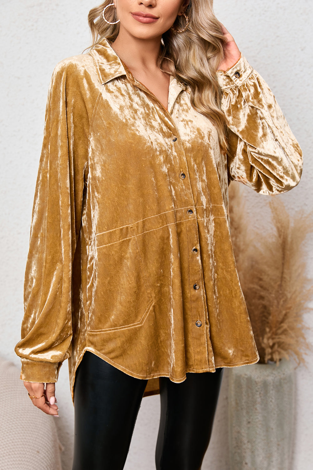 Gold Solid Color Long Sleeve Vintage Button Up Shacket