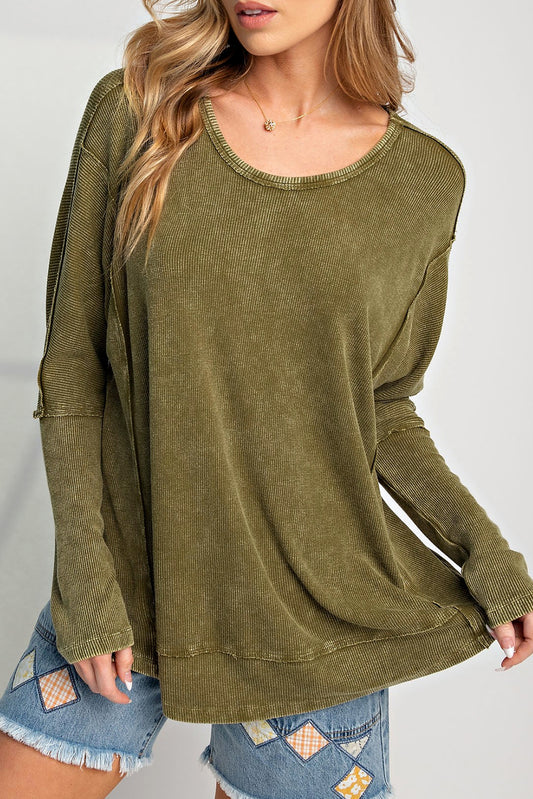 Green Acid Wash Exposed Seam Pullover Long Sleeve Top