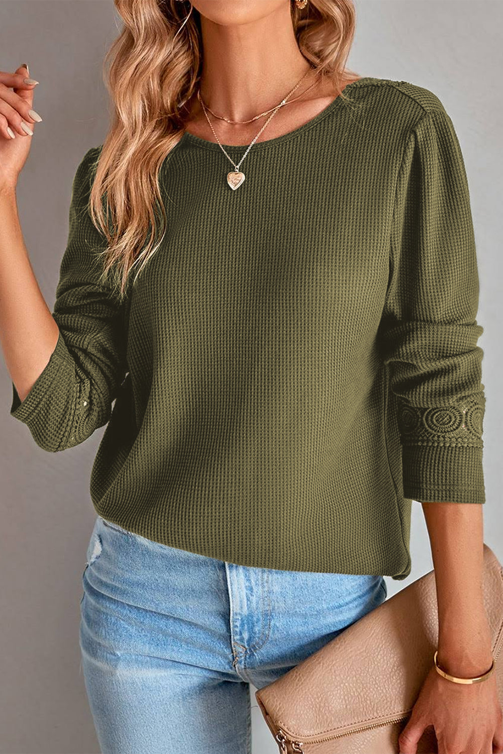 Green Lace Patchwork V Neck Waffle Knit Top