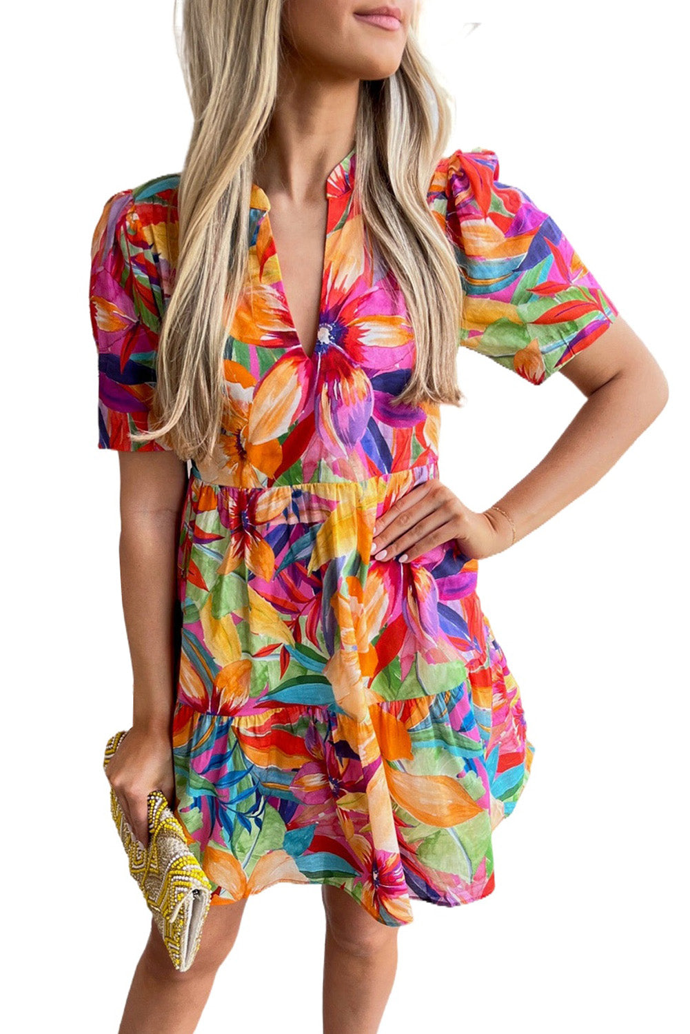 Multicolor Floral Print V Neck Short Sleeve Flared Dress