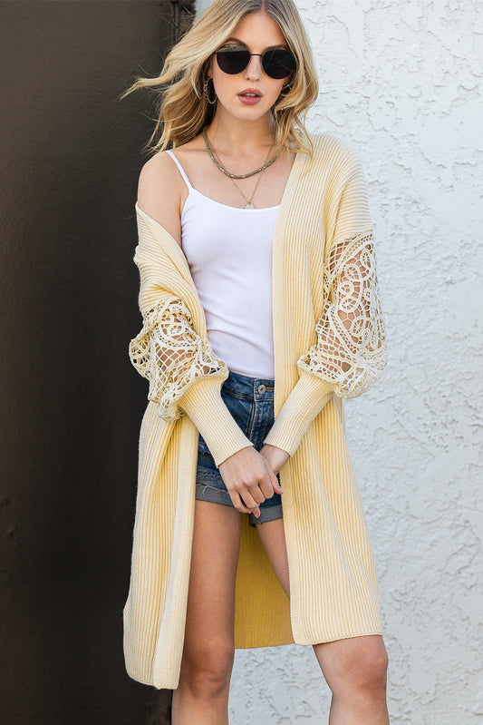 Apricot Lace Puff Sleeve Ribbed Knit Long Cardigan