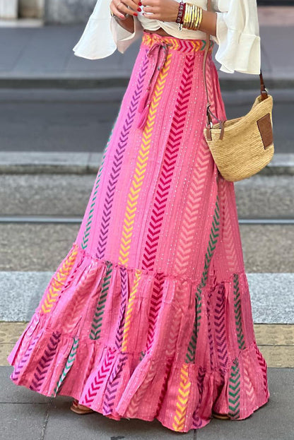 Pink Boho Tassel Tie Ruffled Tiered Maxi Skirt