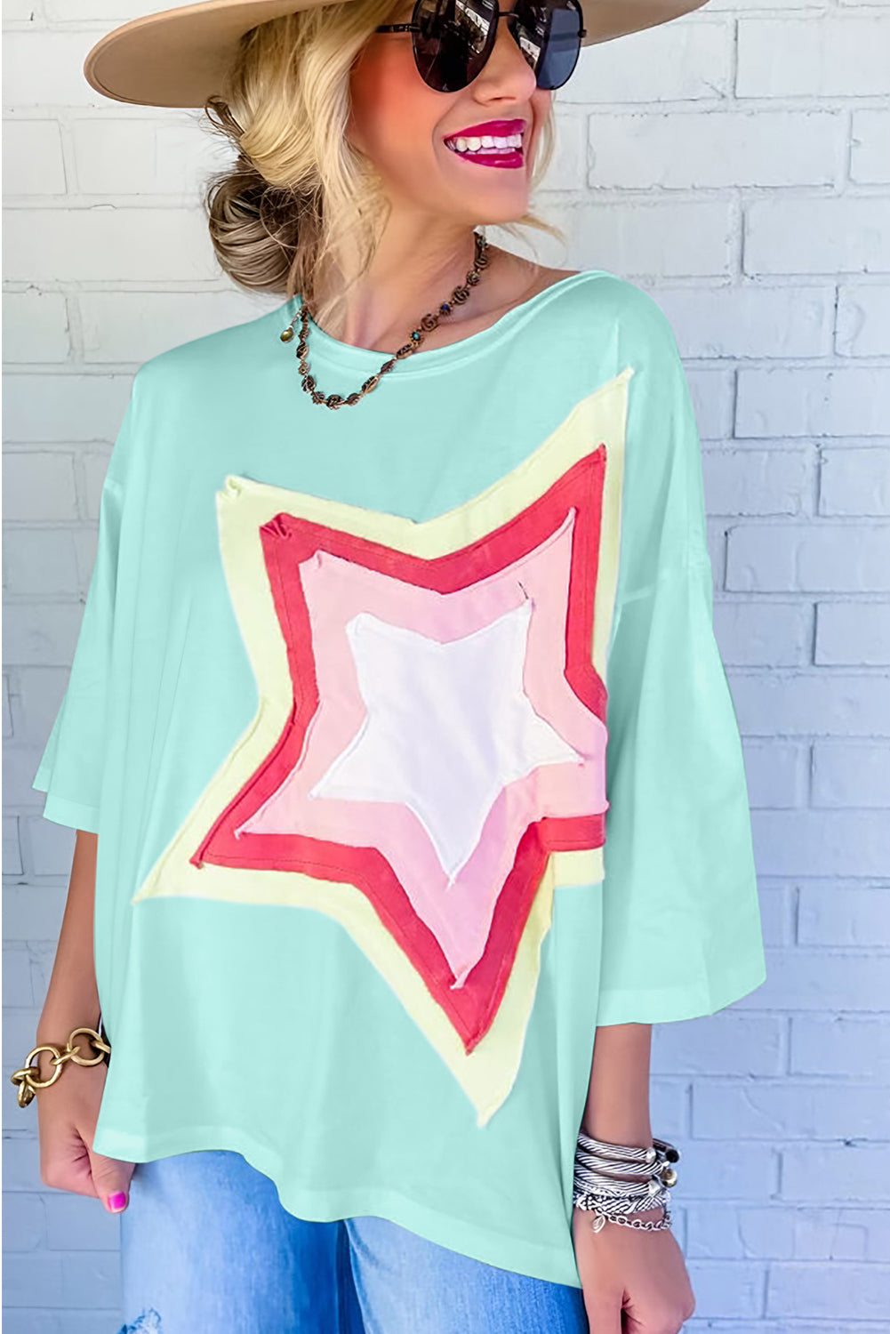 Light Pink Star Patch Colorblock Tee