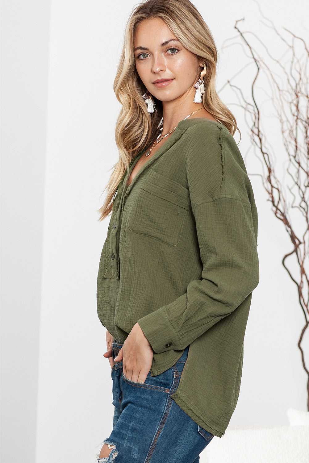 Green Gauze Buttoned V Neck Long Sleeve Shirt with Pockets