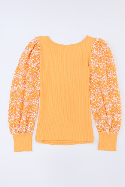 Yellow Flower Patterned Bishop Sleeve Knit Top
