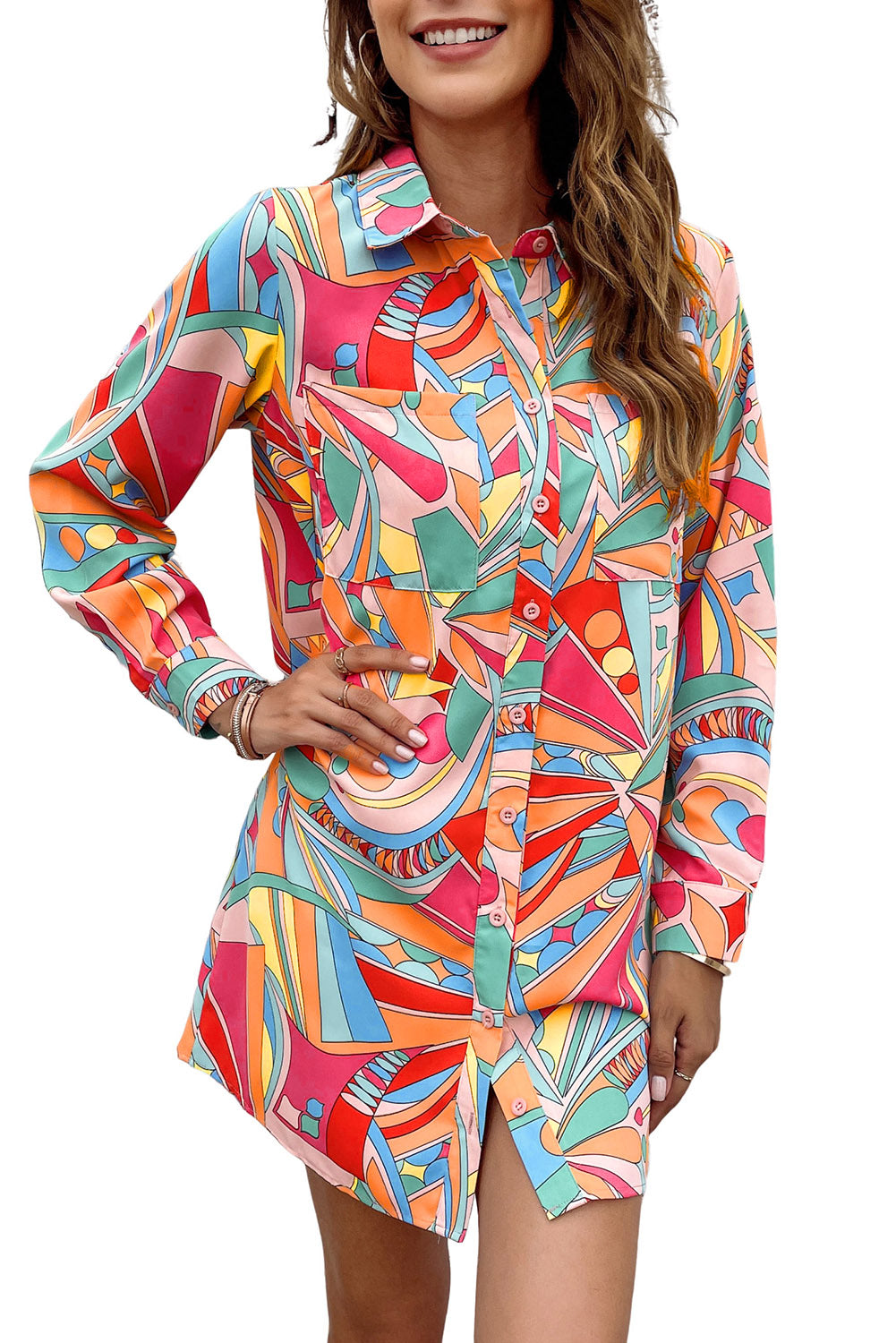 Multicolor Abstract Print Long Sleeve Shirt Dress
