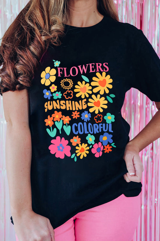 Black FLOWERS SUNSHINE COLORFUL Graphic T Shirt
