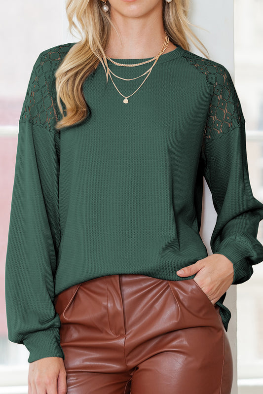 Green Lace Splicing Long Sleeve Textured Pullover