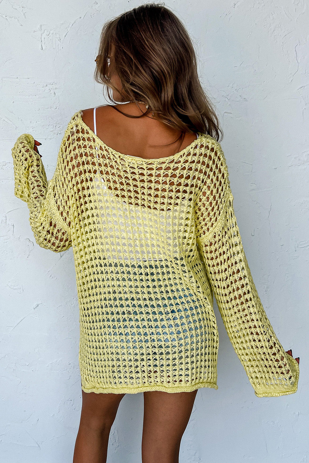 Yellow Knit Cut Out Crochet Bell Sleeve Tunic Top