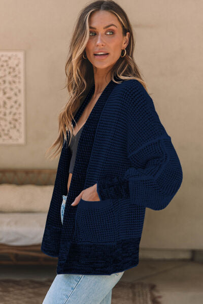 Waffle Knit Pocketed Open Front Cardigan