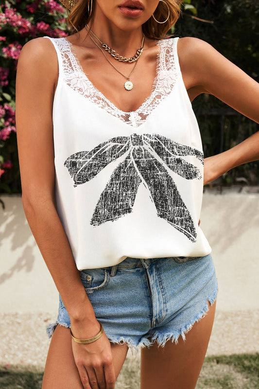 Lace Detail V Neck Bow Graphic Tank Top
