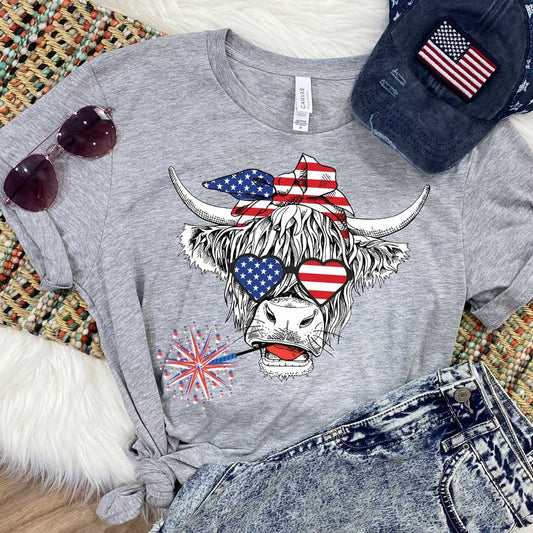 Patriotic Shaggy Cow Graphic Tee Shirt